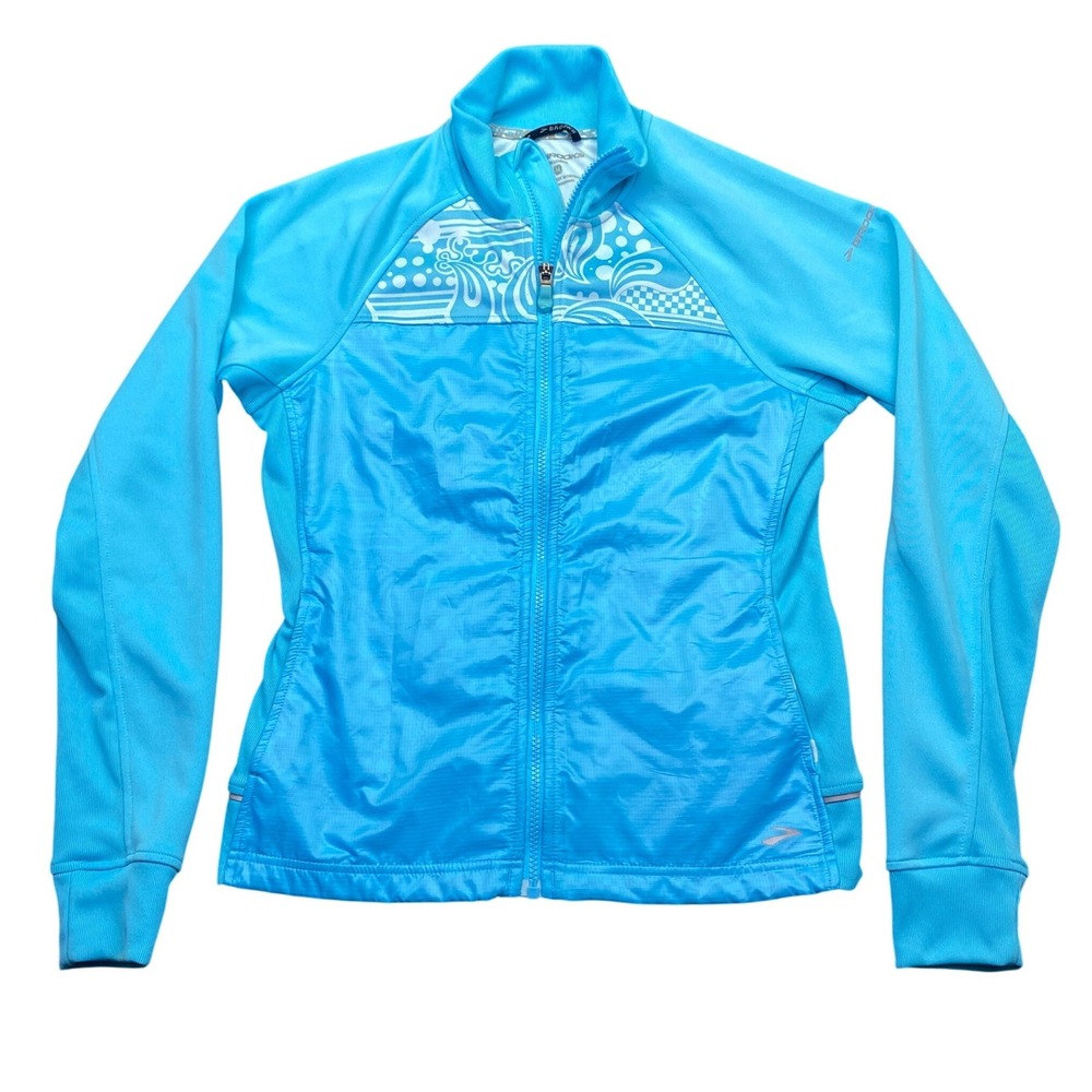 Brooks Womens Cyan Blue Running Track Jacket Full Zip Paisley Print 4735 Size M